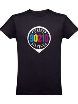 T-shirt nera unisex con grafica logo evento 90210 colorato e bianco di Radio Piterpan