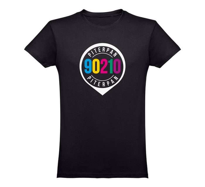 T-shirt nera unisex con grafica logo evento 90210 colorato e bianco di Radio Piterpan