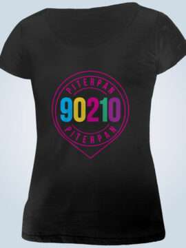 T-shirt nera donna con grafica logo evento 90210 e logo di Radio Piterpan colorato