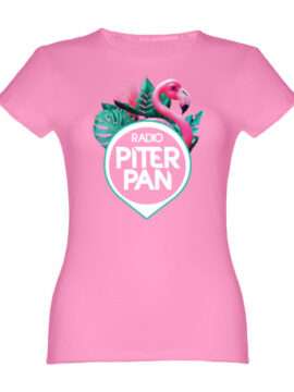 T-shirt rosa donna con fenicottero e logo di Radio Piterpan in bianco