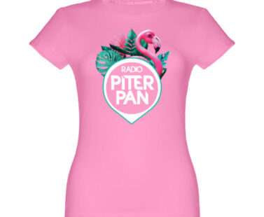 T-shirt rosa donna con fenicottero e logo di Radio Piterpan in bianco