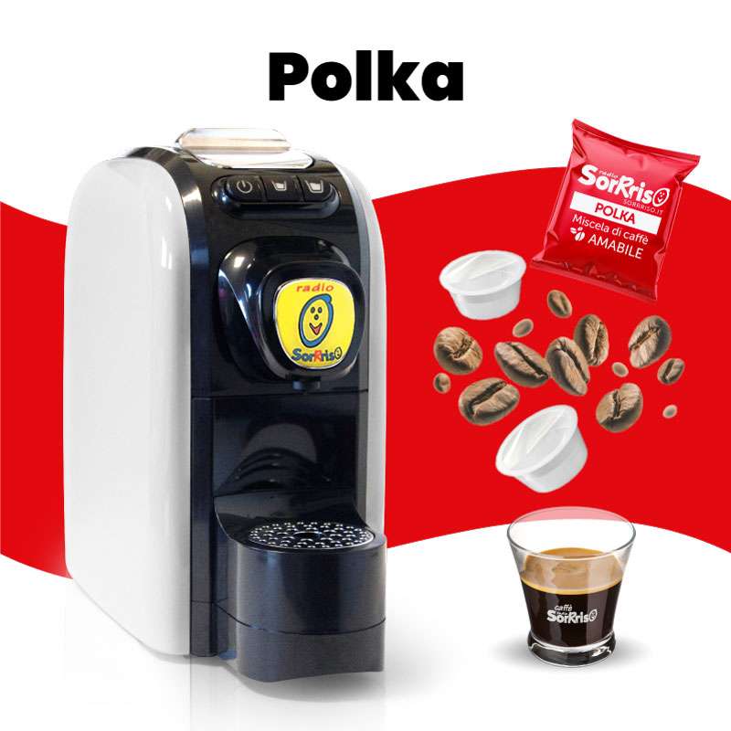 Immagine promozionale della macchina da caffè a capsule Radio SorRiso, affiancata da capsule di caffè amabile, chicchi di caffè e un biccherino di espresso.