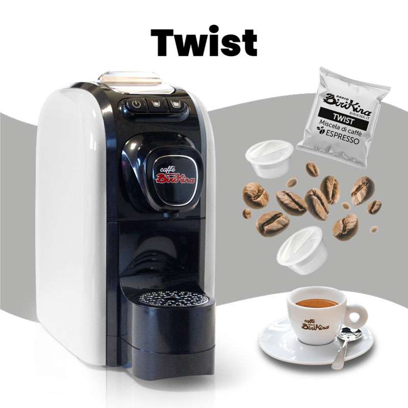 Immagine promozionale della macchina da caffè a capsule Radio Birikina, affiancata da capsule di caffè espresso, chicchi di caffè e una tazzina di espresso.