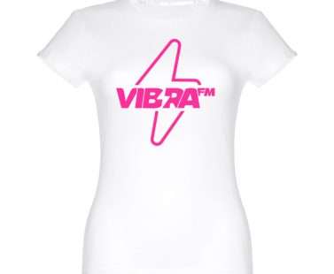 T-shirt bianca donna con logo di Radio Vibra FM in fucsia