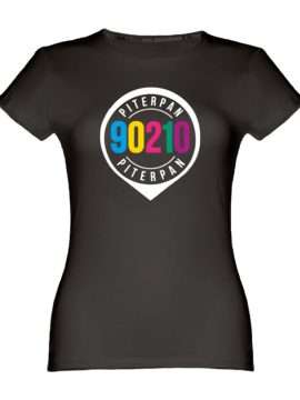 T-shirt nera donna con grafica logo evento 90210 colorato e bianco di Radio Piterpan