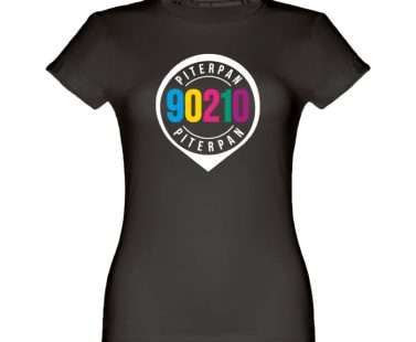 T-shirt nera donna con grafica logo evento 90210 colorato e bianco di Radio Piterpan