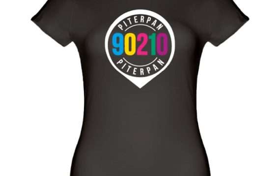 T-shirt nera donna con grafica logo evento 90210 colorato e bianco di Radio Piterpan