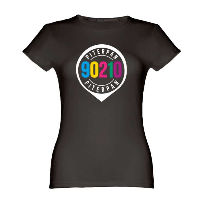 T-shirt nera donna con grafica logo evento 90210 colorato e bianco di Radio Piterpan