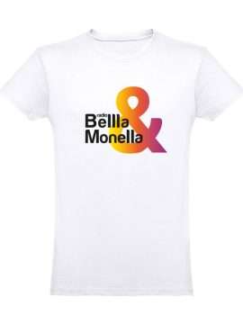 T-shirt bianca unisex con logo di Radio Bellla & Monella in bianco e & sfumato come un tramonto
