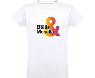 T-shirt bianca unisex con logo di Radio Bellla & Monella in bianco e & sfumato come un tramonto