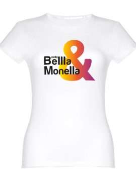 T-shirt bianca donna con logo di Radio Bellla & Monella in bianco e & sfumato come un tramonto