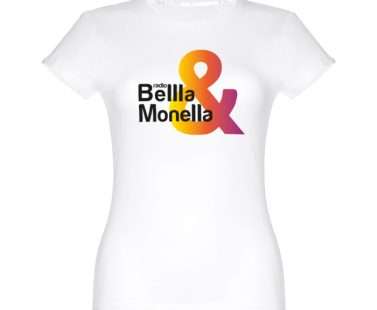 T-shirt bianca donna con logo di Radio Bellla & Monella in bianco e & sfumato come un tramonto