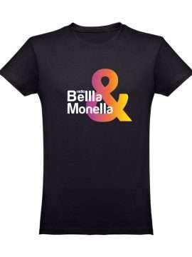 T-shirt nera unisex con logo di Radio Bellla & Monella in bianco e & sfumato come un tramonto