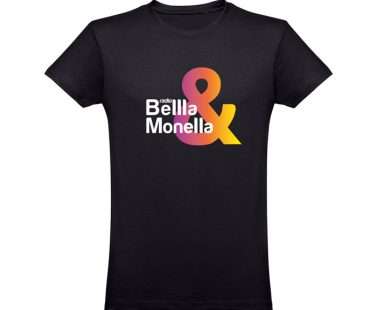T-shirt nera unisex con logo di Radio Bellla & Monella in bianco e & sfumato come un tramonto