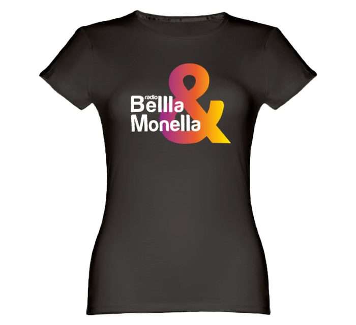 T-shirt nera donna con logo di Radio Bellla & Monella in bianco e & sfumato come un tramonto