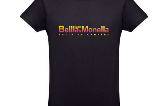T-shirt nera unisex con logo di Radio Bellla & Monella sfumato come un tramonto