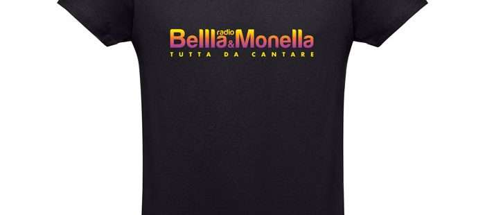 T-shirt nera unisex con logo di Radio Bellla & Monella sfumato come un tramonto