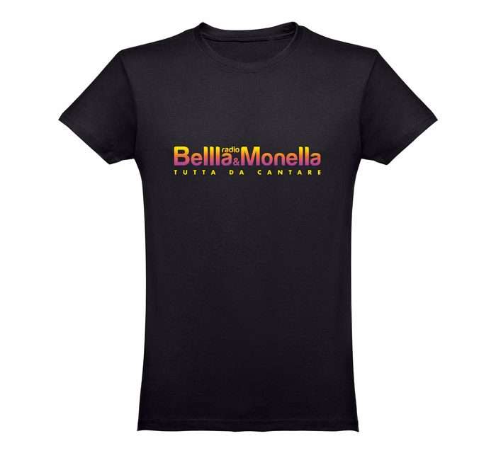 T-shirt nera unisex con logo di Radio Bellla & Monella sfumato come un tramonto