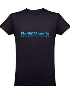 T-shirt nera unisex con logo di Radio Bellla & Monella sfumato in blu