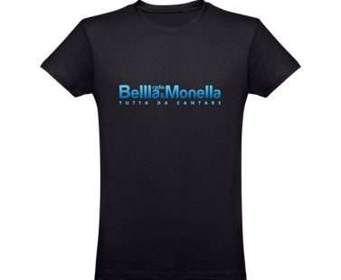 T-shirt nera unisex con logo di Radio Bellla & Monella sfumato in blu