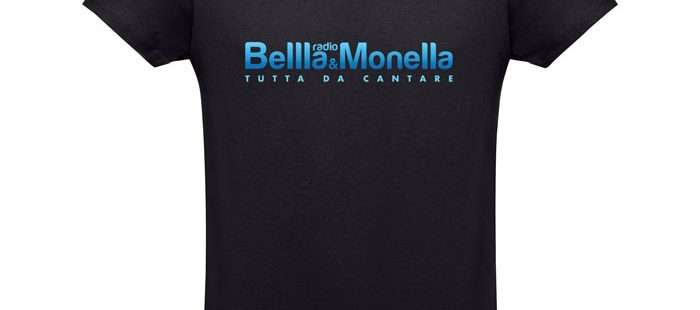 T-shirt nera unisex con logo di Radio Bellla & Monella sfumato in blu
