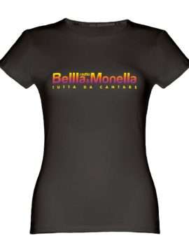 T-shirt nera donna con logo di Radio Bellla & Monella sfumato come un tramonto