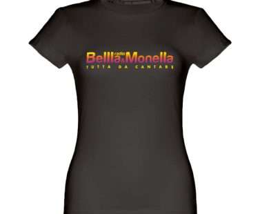 T-shirt nera donna con logo di Radio Bellla & Monella sfumato come un tramonto