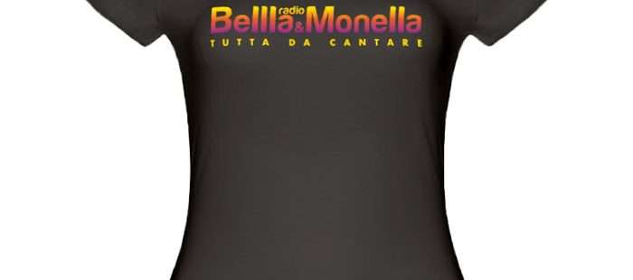 T-shirt nera donna con logo di Radio Bellla & Monella sfumato come un tramonto