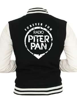 Giacca College nera e maniche bianca, con logo di Radio Piterpan e slogan Forever Fun vista retro