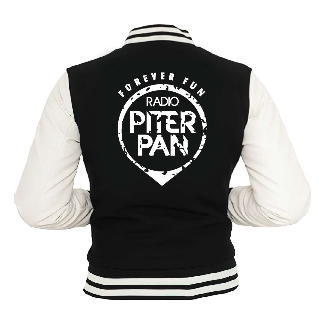Giacca College nera e maniche bianca, con logo di Radio Piterpan e slogan Forever Fun vista retro