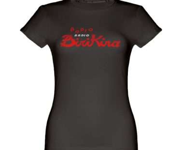 T-shirt nera donna con grafica Popup di Radio Birikina