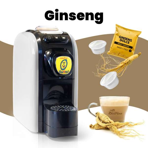 Immagine promozionale della macchina da caffè a capsule Radio SorRiso per ginseng dolce con tazza di bevanda calda